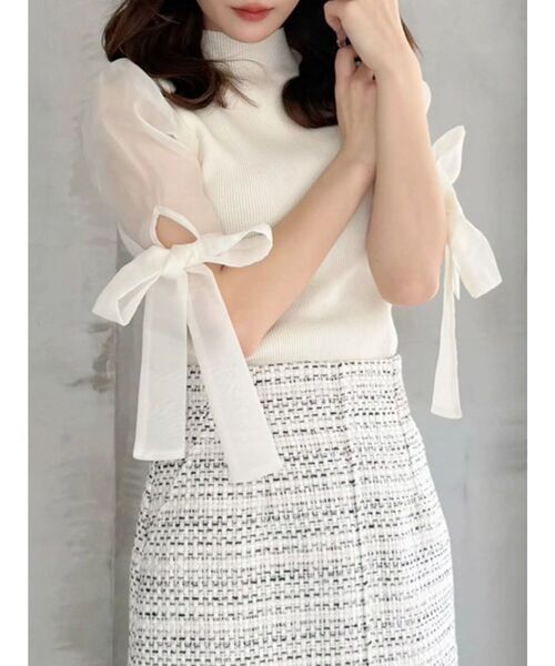 MERCURYDUO（マーキュリーデュオ）の「異素材リボンスリーブニット（ニット/セーター・レディース・アイボリー/ブラック・FREE）」の2枚目の写真