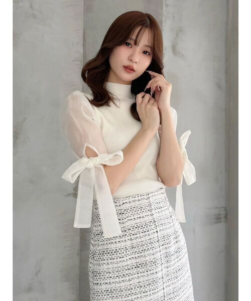 MERCURYDUO（マーキュリーデュオ）の「異素材リボンスリーブニット（ニット/セーター・レディース・アイボリー/ブラック・FREE）」の6枚目の写真