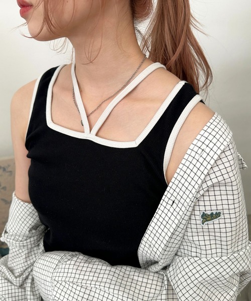 DOUBLE NAME（ダブルネーム）の「前後2WAY配色ホルターネックタンクトップ（タンクトップ・レディース・オフホワイト/グレー/ブラック・FREE）」の14枚目の写真