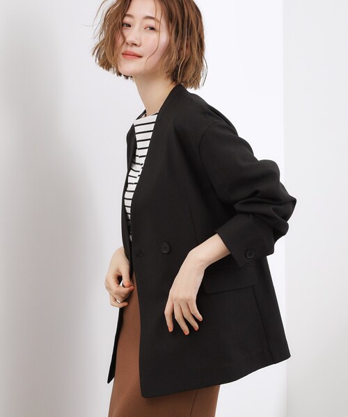 grove(グローブ)の「【貴島明日香さん着用】リネンライクカラーレスジャケット(ノーカラージャケット・レディース・ベージュ/グレー/ブラック・05/04/03/02/01)」の2枚目の写真