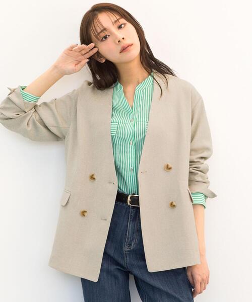 grove(グローブ)の「【貴島明日香さん着用】リネンライクカラーレスジャケット(ノーカラージャケット・レディース・ベージュ/グレー/ブラック・05/04/03/02/01)」の18枚目の写真