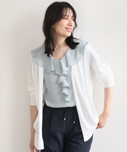 OFUON le MK(オフオンルエムケー)の「着流しカーディガン/接触冷感/洗える/WEB限定サイズあり(カーディガン/ボレロ・レディース・ホワイト/ライトブルー/ネイビー・38/36)」の1枚目の写真