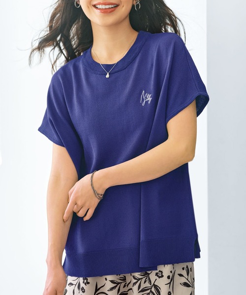 BELLUNA PLUS（ベルーナ）の「シャリ冷！多機能フレンチ袖ニットＴシャツ（ニット/セーター・レディース・ブラウン系/バイオレット/ブラック×ホワイト/ワイン系・LARGE/MEDIUM/X-LARGE）」の3枚目の写真