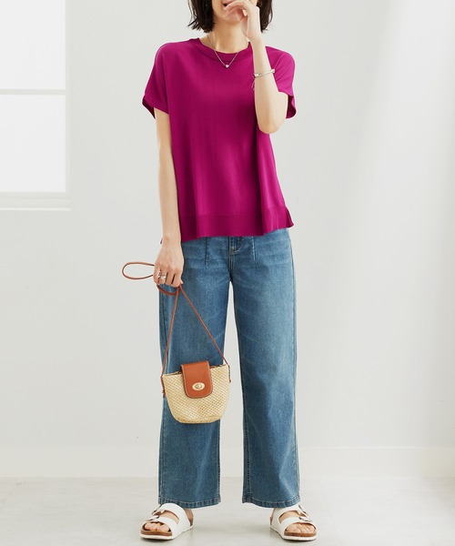 BELLUNA PLUS（ベルーナ）の「シャリ冷！多機能フレンチ袖ニットＴシャツ（ニット/セーター・レディース・ブラウン系/バイオレット/ブラック×ホワイト/ワイン系・LARGE/MEDIUM/X-LARGE）」の7枚目の写真