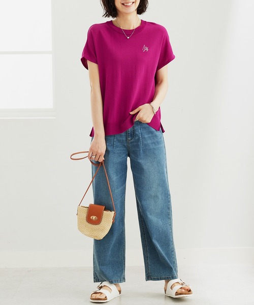 BELLUNA PLUS（ベルーナ）の「シャリ冷！多機能フレンチ袖ニットＴシャツ（ニット/セーター・レディース・ブラウン系/バイオレット/ブラック×ホワイト/ワイン系・LARGE/MEDIUM/X-LARGE）」の8枚目の写真
