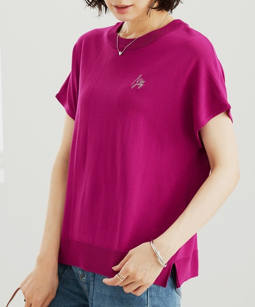 BELLUNA PLUS（ベルーナ）の「シャリ冷！多機能フレンチ袖ニットＴシャツ（ニット/セーター・レディース・ブラウン系/バイオレット/ブラック×ホワイト/ワイン系・LARGE/MEDIUM/X-LARGE）」の6枚目の写真