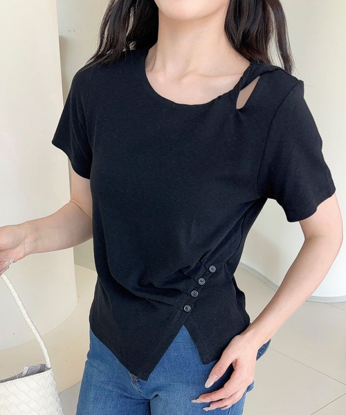 Jasmine Grandiflorum(ジャスミングランディフローラム)の「【Jasmine】カットアウトアシメトリーデザインTシャツ(Tシャツ/カットソー・レディース・ホワイト/ブラック・FREE)」の15枚目の写真