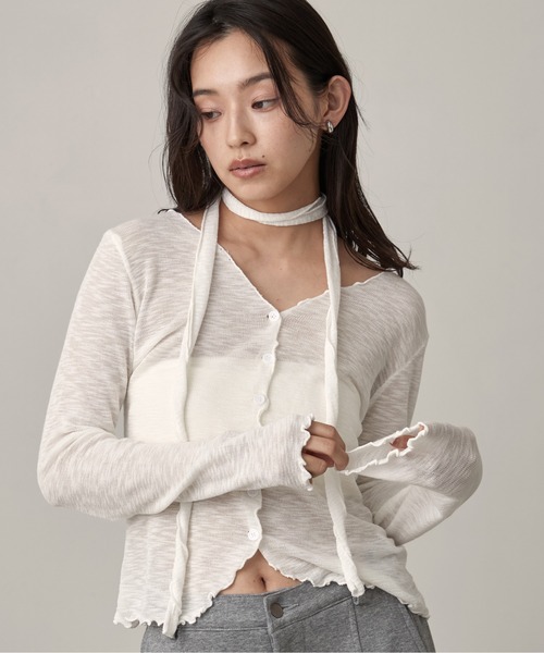 OFROOM(オフルーム)の「Sheer Cardigan Narrow Scarf Set|シアーカーディガンナロースカーフセット(カーディガン/ボレロ・レディース・ベージュ/ホワイト/ブラック/グレー・FREE)」の1枚目の写真