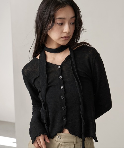 OFROOM(オフルーム)の「Sheer Cardigan Narrow Scarf Set|シアーカーディガンナロースカーフセット(カーディガン/ボレロ・レディース・ベージュ/ホワイト/ブラック/グレー・FREE)」の3枚目の写真