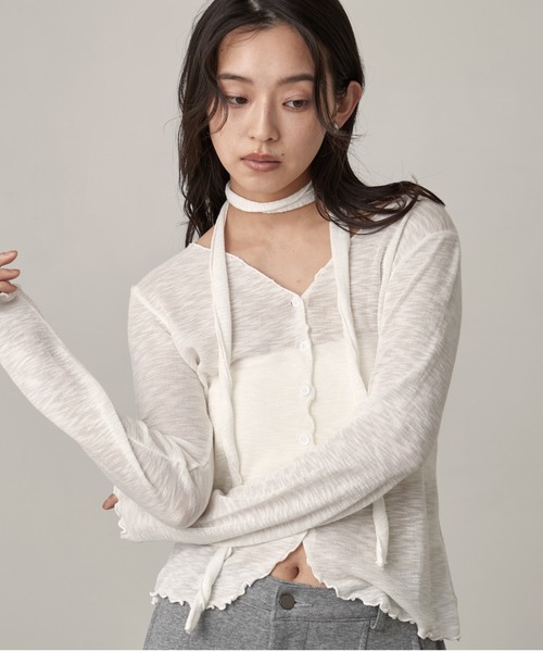 OFROOM(オフルーム)の「Sheer Cardigan Narrow Scarf Set|シアーカーディガンナロースカーフセット(カーディガン/ボレロ・レディース・ベージュ/ホワイト/ブラック/グレー・FREE)」の6枚目の写真