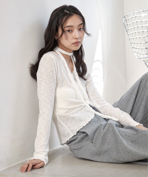 OFROOM(オフルーム)の「Sheer Cardigan Narrow Scarf Set|シアーカーディガンナロースカーフセット(カーディガン/ボレロ・レディース・ベージュ/ホワイト/ブラック/グレー・FREE)」の16枚目の写真