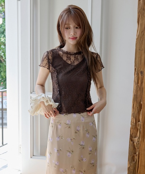 UNE MANSION(ユヌマンション)の「【UNE ORIGINAL】裏地付き仕様フロントラブリーフリルレーストップス(Tシャツ/カットソー・レディース・クリーム/ブラウン/ネイビー・FREE)」の9枚目の写真