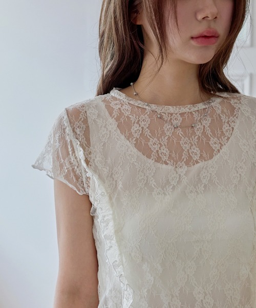 UNE MANSION(ユヌマンション)の「【UNE ORIGINAL】裏地付き仕様フロントラブリーフリルレーストップス(Tシャツ/カットソー・レディース・クリーム/ブラウン/ネイビー・FREE)」の22枚目の写真