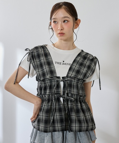 P.V.T(ピーブイティー)の「ワッフルチェック肩リボンシャーリングBL(シャツ/ブラウス・レディース・ブラック/ホワイト・M)」の14枚目の写真