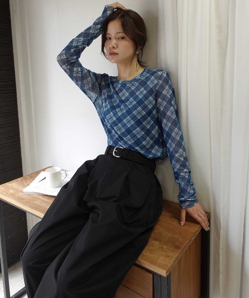CORNERS（コーナーズ）の「チュールバイアスチェッククルーネックトップス（Tシャツ/カットソー・レディース・ブラウン/ブラック/ベージュ/ブルー・M）」の4枚目の写真