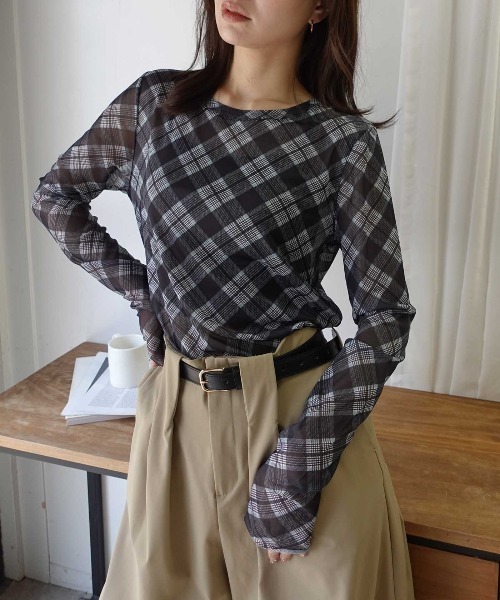 CORNERS（コーナーズ）の「チュールバイアスチェッククルーネックトップス（Tシャツ/カットソー・レディース・ブラウン/ブラック/ベージュ/ブルー・M）」の2枚目の写真