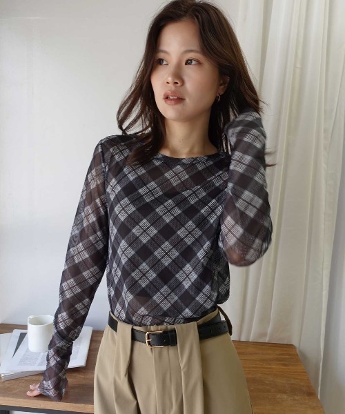 CORNERS（コーナーズ）の「チュールバイアスチェッククルーネックトップス（Tシャツ/カットソー・レディース・ブラウン/ブラック/ベージュ/ブルー・M）」の9枚目の写真
