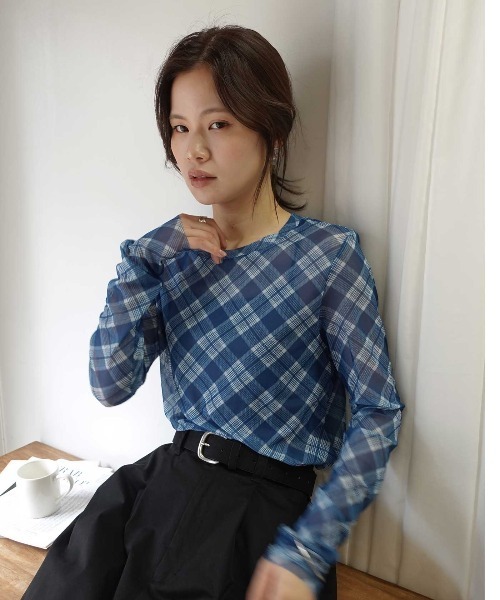CORNERS（コーナーズ）の「チュールバイアスチェッククルーネックトップス（Tシャツ/カットソー・レディース・ブラウン/ブラック/ベージュ/ブルー・M）」の12枚目の写真