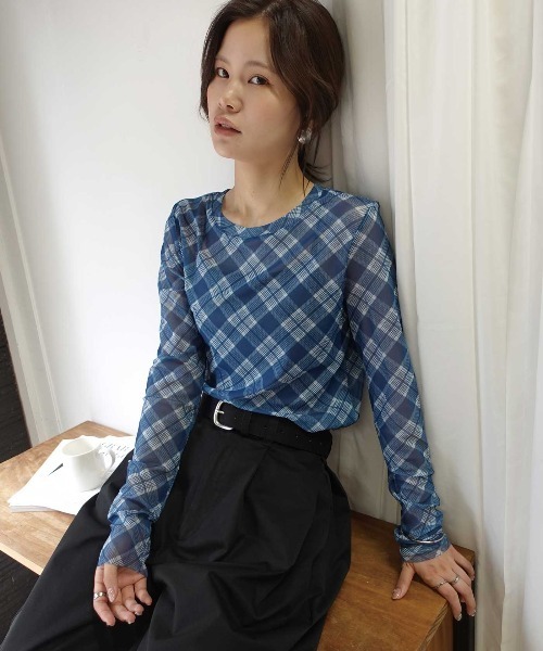 CORNERS（コーナーズ）の「チュールバイアスチェッククルーネックトップス（Tシャツ/カットソー・レディース・ブラウン/ブラック/ベージュ/ブルー・M）」の13枚目の写真