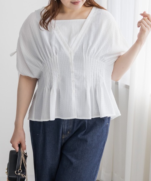 CLETTE(クレット)の「CLETTEオリジナルウエストピンタックブラウス(シャツ/ブラウス・レディース・オフホワイト/サックスブルー・4L/3L/LL)」の3枚目の写真