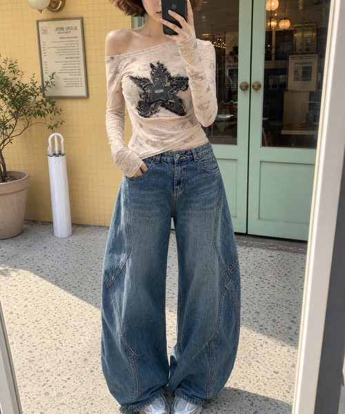 HOOK（フック）の「HOOK for girls　Y2Kグランジスターワッペンショート丈長袖トップス（Tシャツ/カットソー・レディース・ブルー/ベージュ・FREE）」の7枚目の写真