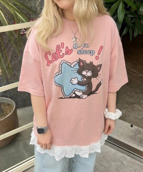 LAC-VERT(ラック・ヴェール)の「オーバーサイズキャットTシャツ(Tシャツ/カットソー・レディース・ホワイト/ピンク/イエロー/オートミール・FREE)」の4枚目の写真