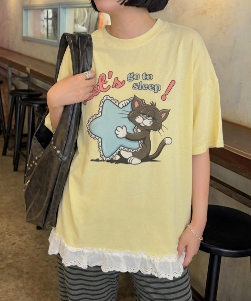 LAC-VERT(ラック・ヴェール)の「オーバーサイズキャットTシャツ(Tシャツ/カットソー・レディース・ホワイト/ピンク/イエロー/オートミール・FREE)」の3枚目の写真