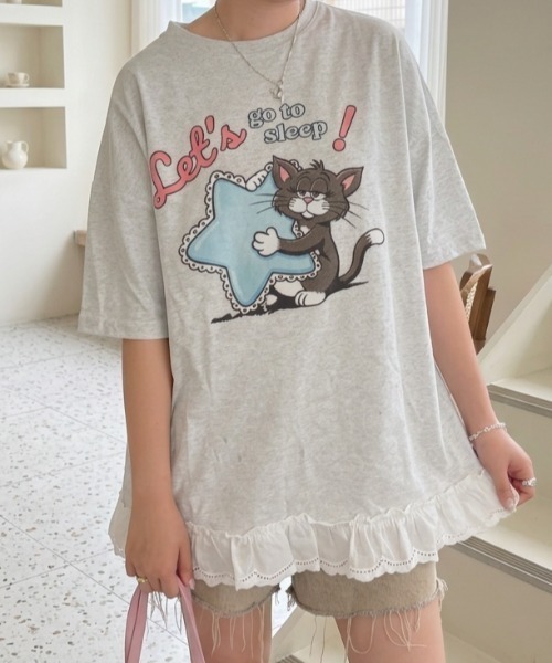 LAC-VERT(ラック・ヴェール)の「オーバーサイズキャットTシャツ(Tシャツ/カットソー・レディース・ホワイト/ピンク/イエロー/オートミール・FREE)」の9枚目の写真