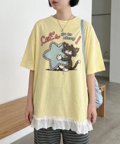 LAC-VERT(ラック・ヴェール)の「オーバーサイズキャットTシャツ(Tシャツ/カットソー・レディース・ホワイト/ピンク/イエロー/オートミール・FREE)」の5枚目の写真