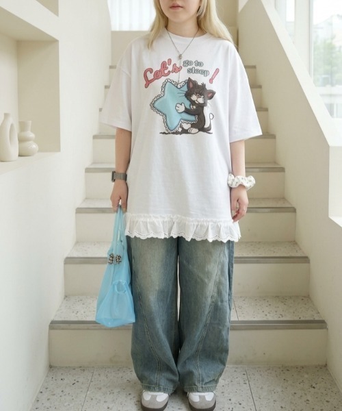 LAC-VERT(ラック・ヴェール)の「オーバーサイズキャットTシャツ(Tシャツ/カットソー・レディース・ホワイト/ピンク/イエロー/オートミール・FREE)」の12枚目の写真