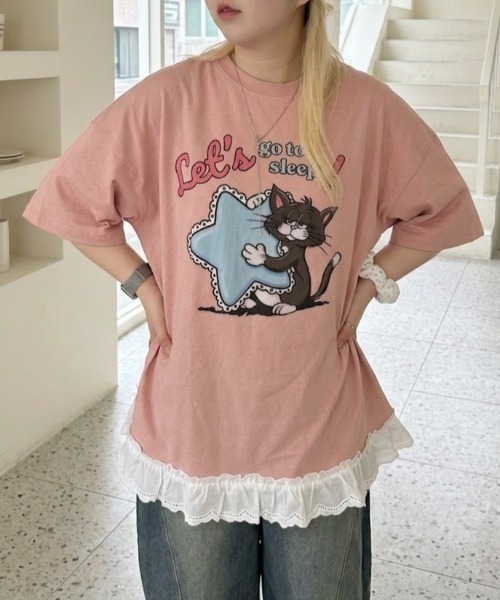 LAC-VERT(ラック・ヴェール)の「オーバーサイズキャットTシャツ(Tシャツ/カットソー・レディース・ホワイト/ピンク/イエロー/オートミール・FREE)」の15枚目の写真