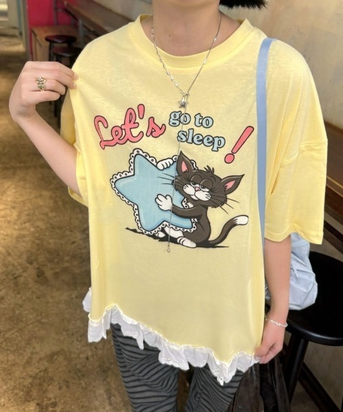 LAC-VERT(ラック・ヴェール)の「オーバーサイズキャットTシャツ(Tシャツ/カットソー・レディース・ホワイト/ピンク/イエロー/オートミール・FREE)」の7枚目の写真