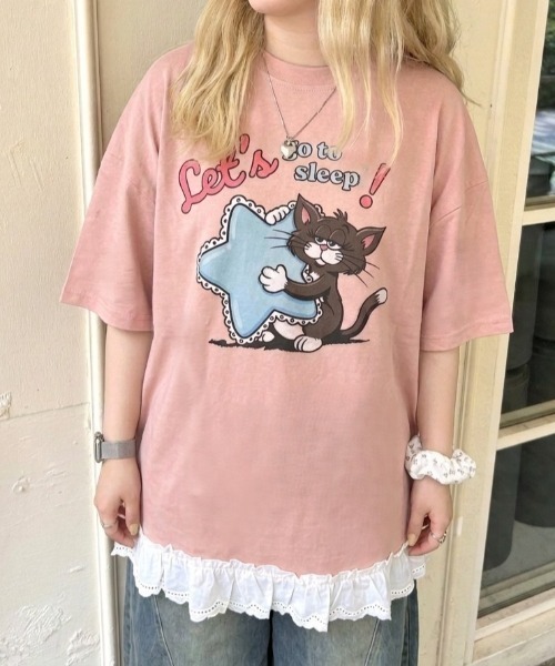LAC-VERT(ラック・ヴェール)の「オーバーサイズキャットTシャツ(Tシャツ/カットソー・レディース・ホワイト/ピンク/イエロー/オートミール・FREE)」の16枚目の写真