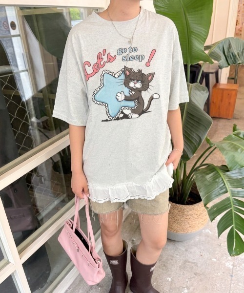 LAC-VERT(ラック・ヴェール)の「オーバーサイズキャットTシャツ(Tシャツ/カットソー・レディース・ホワイト/ピンク/イエロー/オートミール・FREE)」の11枚目の写真