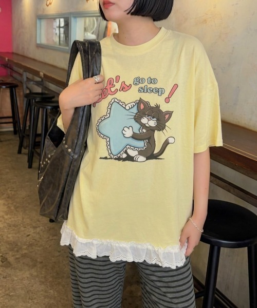 LAC-VERT(ラック・ヴェール)の「オーバーサイズキャットTシャツ(Tシャツ/カットソー・レディース・ホワイト/ピンク/イエロー/オートミール・FREE)」の8枚目の写真