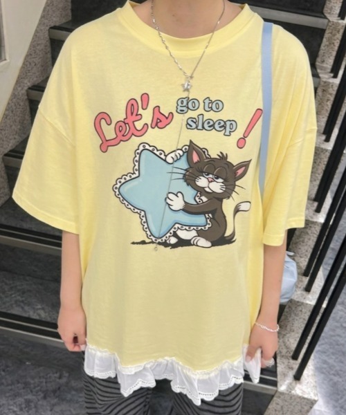 LAC-VERT(ラック・ヴェール)の「オーバーサイズキャットTシャツ(Tシャツ/カットソー・レディース・ホワイト/ピンク/イエロー/オートミール・FREE)」の6枚目の写真