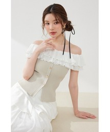 プリーツレースオフショルノースリニットトップス 夏服　秋服