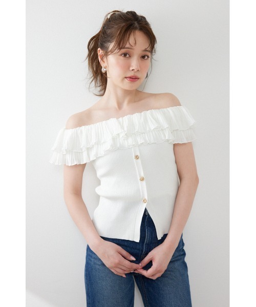 rienda(リエンダ)の「プリーツレースオフショルノースリニットトップス 夏服 秋服(ニット/セーター・レディース・ベージュ/ブラック/ホワイト・FREE)」の1枚目の写真