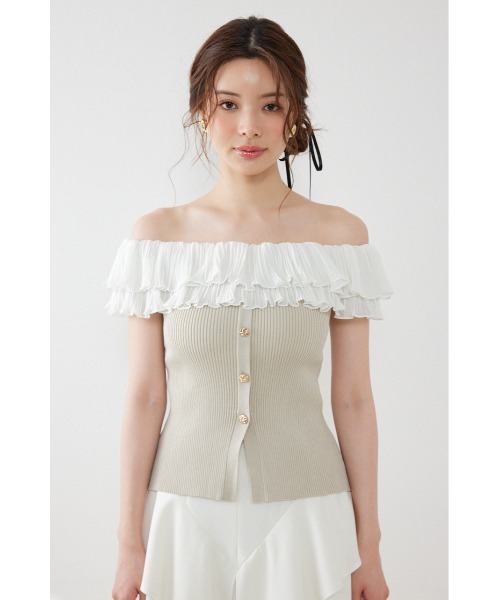rienda(リエンダ)の「プリーツレースオフショルノースリニットトップス 夏服 秋服(ニット/セーター・レディース・ベージュ/ブラック/ホワイト・FREE)」の13枚目の写真