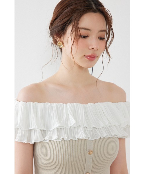 rienda(リエンダ)の「プリーツレースオフショルノースリニットトップス 夏服 秋服(ニット/セーター・レディース・ベージュ/ブラック/ホワイト・FREE)」の16枚目の写真
