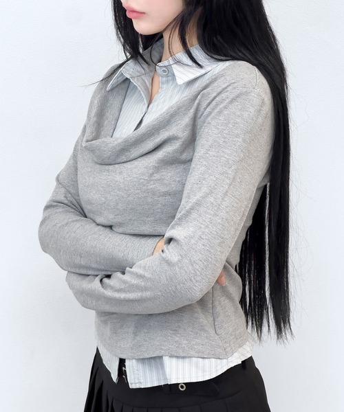 FOLLOWIN（フォロウィン）の「【3COLOR】 フェイクレイヤードデザインシャツ風トップス（シャツ/ブラウス・レディース・ホワイト/グレー/チャコールグレー・FREE）」の3枚目の写真