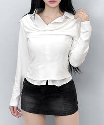 【3COLOR】 フェイクレイヤードデザインシャツ風トップス