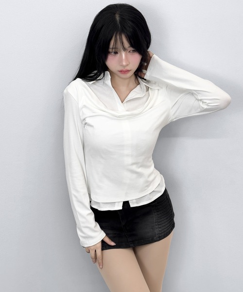 FOLLOWIN（フォロウィン）の「【3COLOR】 フェイクレイヤードデザインシャツ風トップス（シャツ/ブラウス・レディース・ホワイト/グレー/チャコールグレー・FREE）」の7枚目の写真