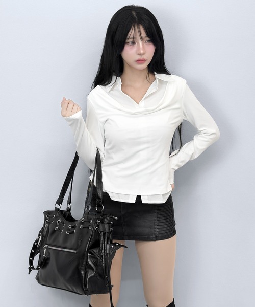 FOLLOWIN（フォロウィン）の「【3COLOR】 フェイクレイヤードデザインシャツ風トップス（シャツ/ブラウス・レディース・ホワイト/グレー/チャコールグレー・FREE）」の8枚目の写真