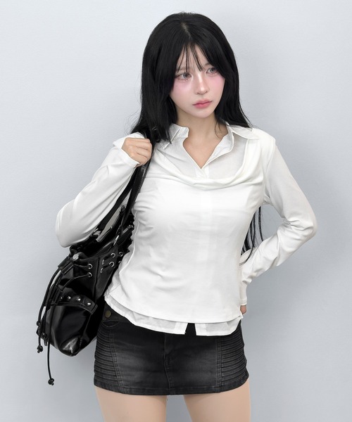 FOLLOWIN（フォロウィン）の「【3COLOR】 フェイクレイヤードデザインシャツ風トップス（シャツ/ブラウス・レディース・ホワイト/グレー/チャコールグレー・FREE）」の9枚目の写真