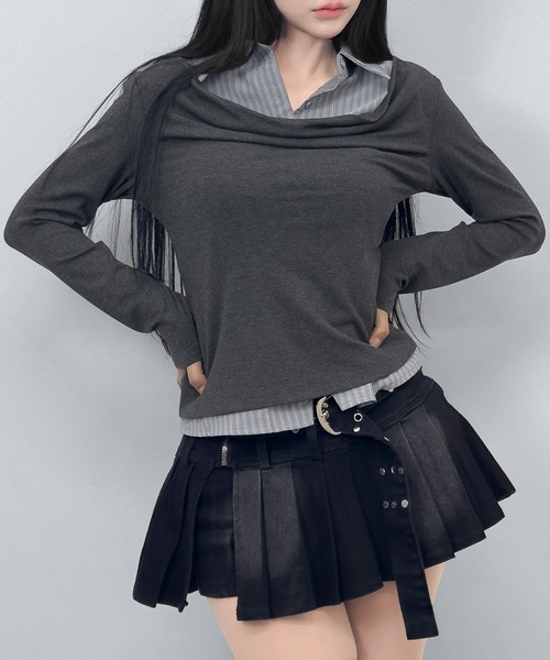 FOLLOWIN（フォロウィン）の「【3COLOR】 フェイクレイヤードデザインシャツ風トップス（シャツ/ブラウス・レディース・ホワイト/グレー/チャコールグレー・FREE）」の13枚目の写真