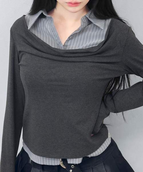 FOLLOWIN（フォロウィン）の「【3COLOR】 フェイクレイヤードデザインシャツ風トップス（シャツ/ブラウス・レディース・ホワイト/グレー/チャコールグレー・FREE）」の14枚目の写真