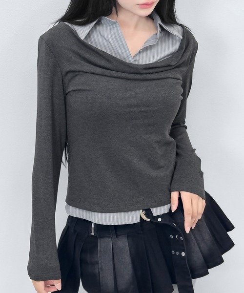 FOLLOWIN（フォロウィン）の「【3COLOR】 フェイクレイヤードデザインシャツ風トップス（シャツ/ブラウス・レディース・ホワイト/グレー/チャコールグレー・FREE）」の15枚目の写真