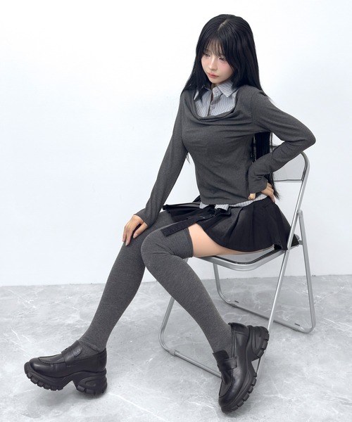 FOLLOWIN（フォロウィン）の「【3COLOR】 フェイクレイヤードデザインシャツ風トップス（シャツ/ブラウス・レディース・ホワイト/グレー/チャコールグレー・FREE）」の18枚目の写真
