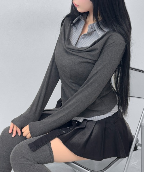 FOLLOWIN（フォロウィン）の「【3COLOR】 フェイクレイヤードデザインシャツ風トップス（シャツ/ブラウス・レディース・ホワイト/グレー/チャコールグレー・FREE）」の16枚目の写真
